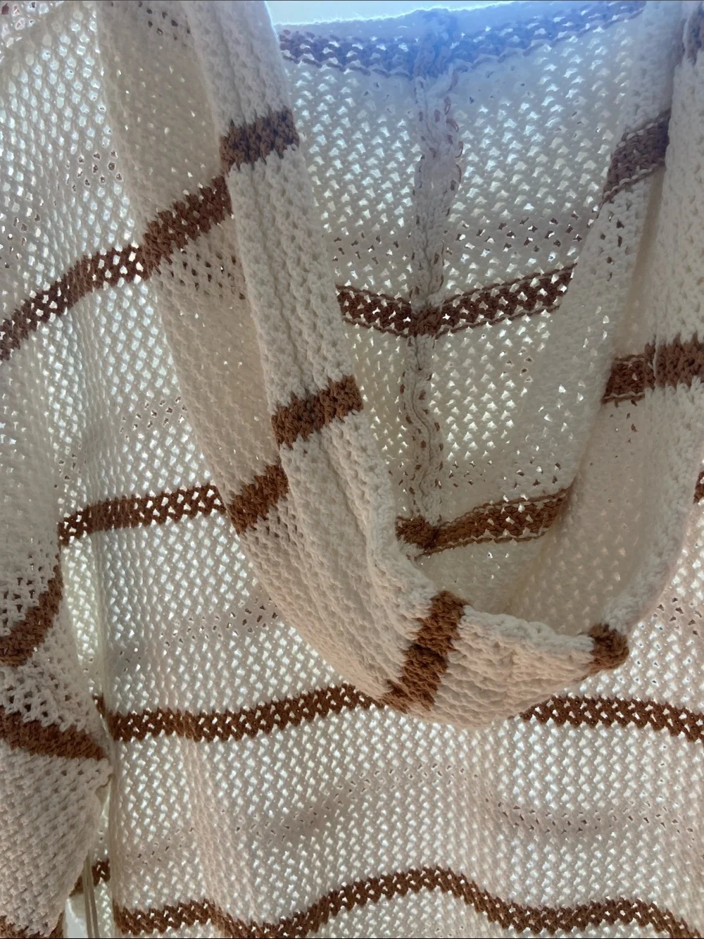 beachlunchlounge Cream & Brown Open-Knit Hoodie Sweater/ slouchy